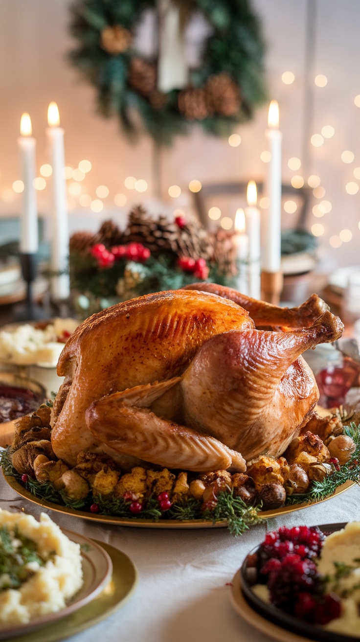 The Perfect Roast Turkey with Savory Stuffing Recipe A perfectly roasted turkey with stuffing on a festive table, garnished with herbs.