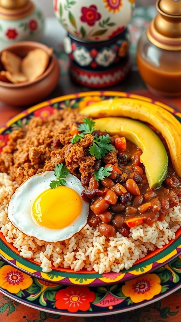 Traditional Bandeja Paisa Recipe A colorful bandeja paisa featuring rice, beans, chicharrón, fried egg, avocado, and plantains on a decorative platter.