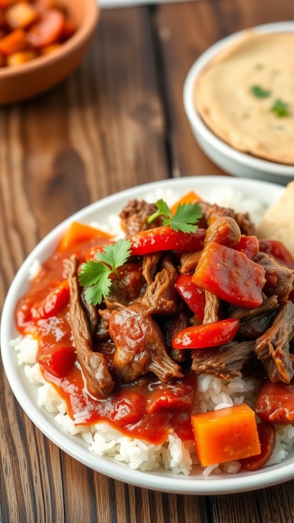 Authentic Cuban Ropa Vieja Recipe A plate of Cuban Ropa Vieja with shredded beef, red bell peppers, and rice, garnished with cilantro on a wooden table.