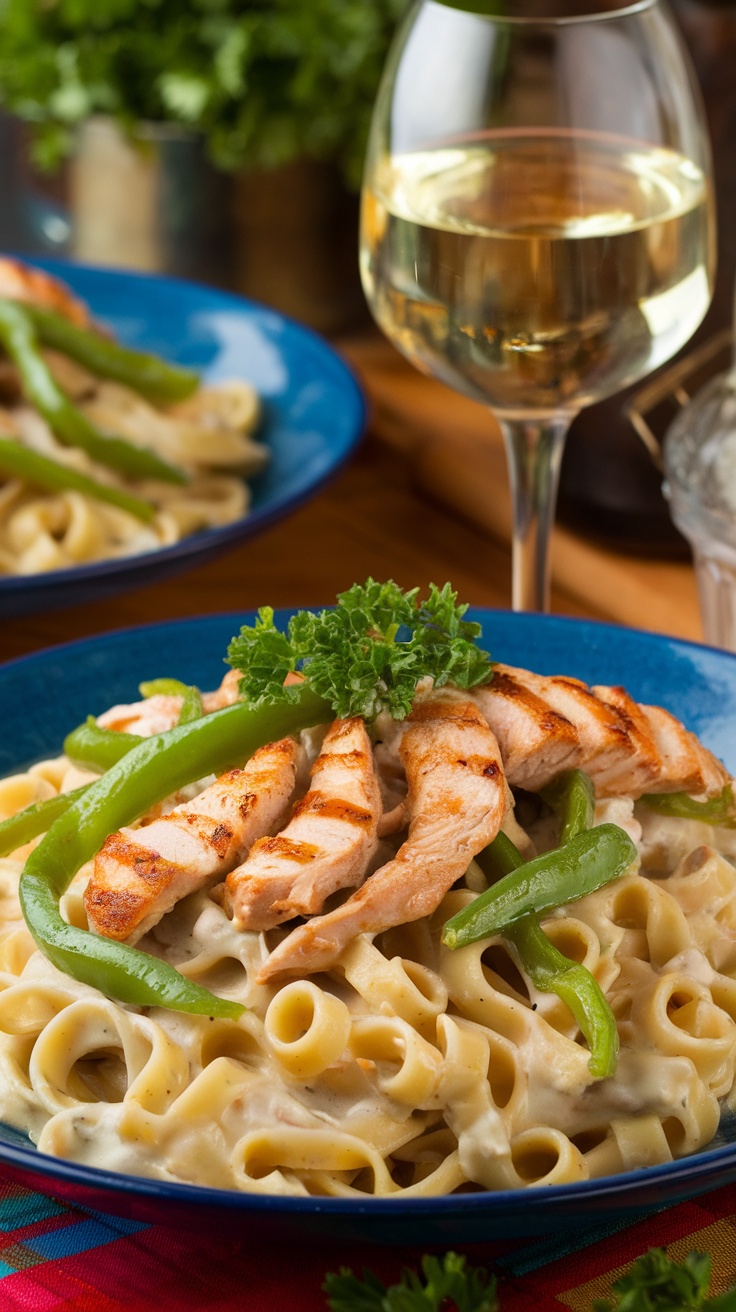 Chicken Tequila Fettuccini with Spirals and Greens Chicken Tequila Fettuccini with spiral noodles, green bell peppers, and creamy sauce garnished with parsley on a dinner plate.