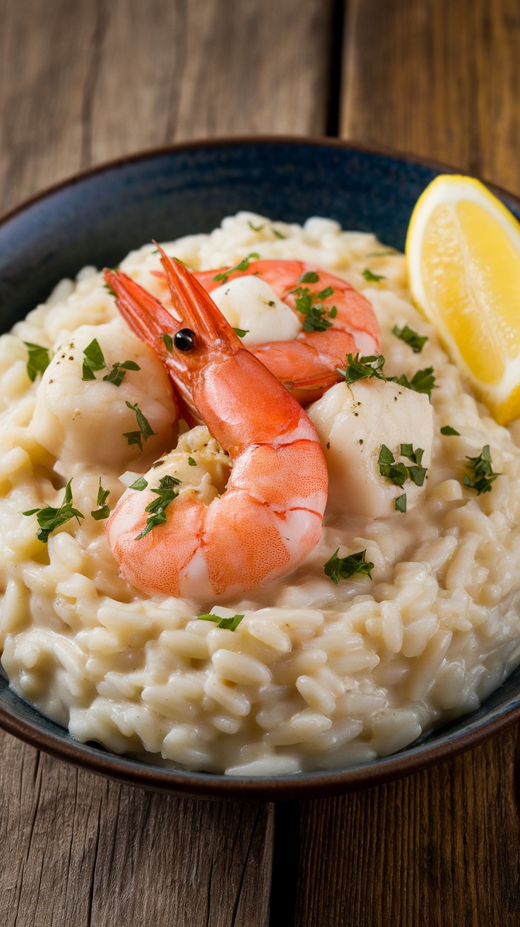 Creamy Seafood Risotto with Fresh Prawns and Scallops A bowl of creamy seafood risotto with prawns and scallops, garnished with parsley and lemon, on a rustic wooden table.