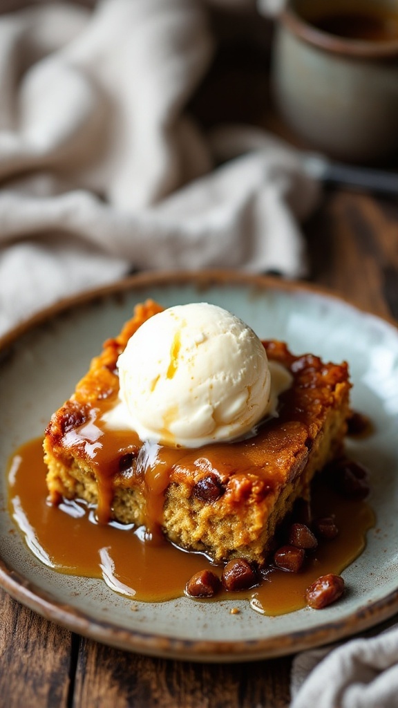 Classic Sticky Toffee Pudding Recipe A delicious sticky toffee pudding smothered in caramel sauce, garnished with ice cream, on a rustic wooden table.