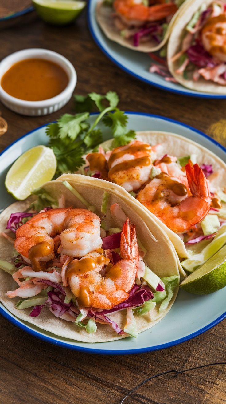 Crispy Air Fryer Shrimp Tacos with Honey Chipotle Sauce Crispy shrimp tacos with coleslaw and honey chipotle sauce on a wooden table.