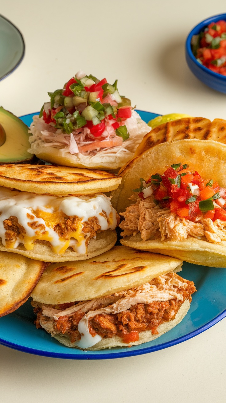 Traditional Venezuelan Arepas Recipe A colorful assortment of Venezuelan arepas filled with cheese, chicken, and vegetables on a white plate.
