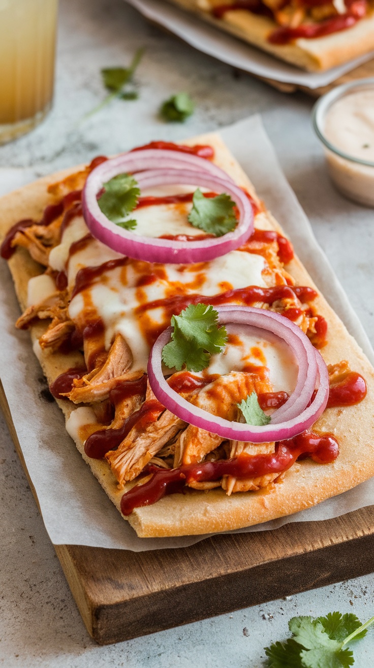 Tangy BBQ Chicken Flatbread Recipe BBQ Chicken Flatbread topped with barbecue chicken, mozzarella cheese, and cilantro on a wooden board.