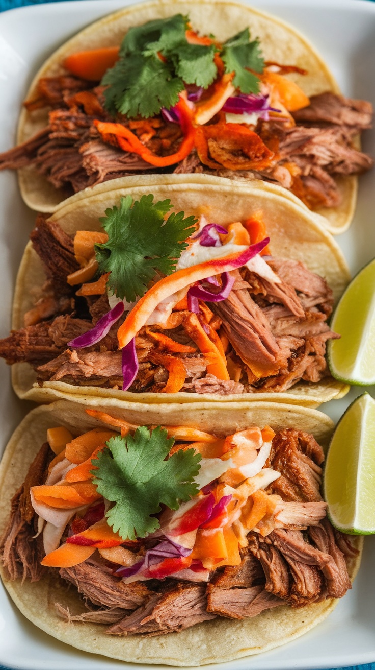 Savory BBQ Pulled Pork Tacos Recipe BBQ pulled pork tacos topped with slaw and cilantro, served with lime wedges.