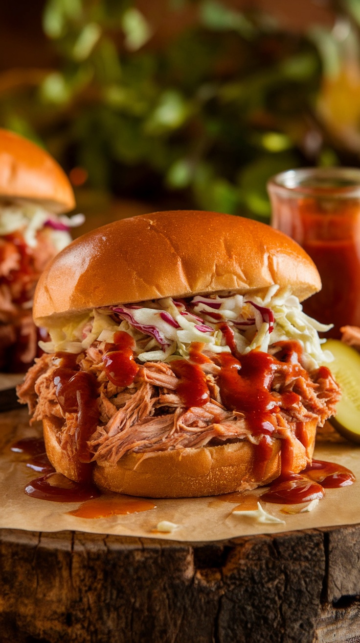 Savory Slow Cooker Pulled Pork Sandwiches A delicious pulled pork sandwich with BBQ sauce and coleslaw on a wooden table.