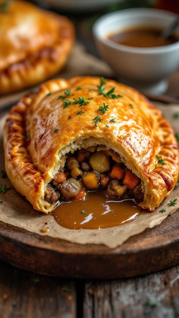 Savory Cornish Beef Pasty Recipe A flaky Cornish beef pasty filled with beef and assorted vegetables, resting on a wooden table with gravy on the side.