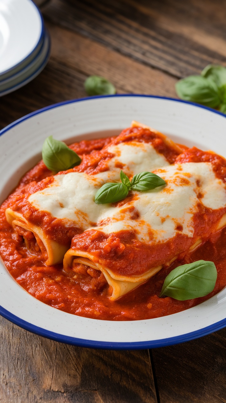 Savory Beef and Cheese Manicotti Recipe A plate of beef and cheese manicotti, filled with ground beef and ricotta, topped with marinara sauce and basil.