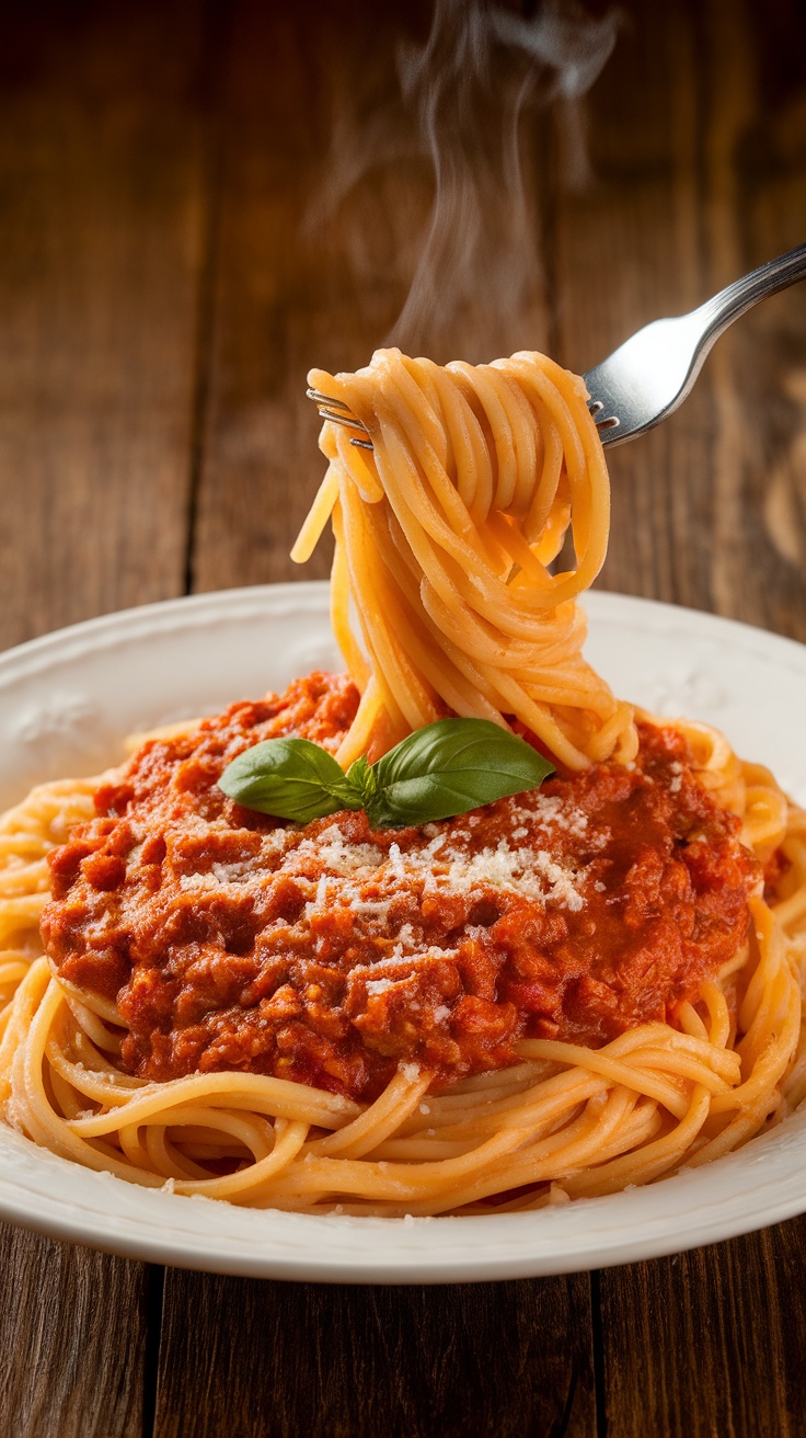 Classic Traditional Spaghetti Bolognese Recipe Plate of traditional spaghetti bolognese with meat sauce, garnished with Parmesan and basil, on a rustic wooden table.