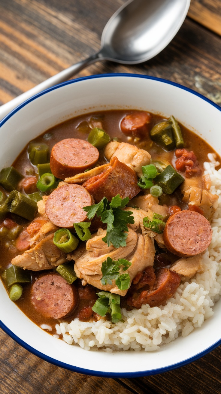Savory Chicken and Sausage Gumbo Recipe A bowl of chicken and sausage gumbo with rice, garnished with parsley on a wooden table.
