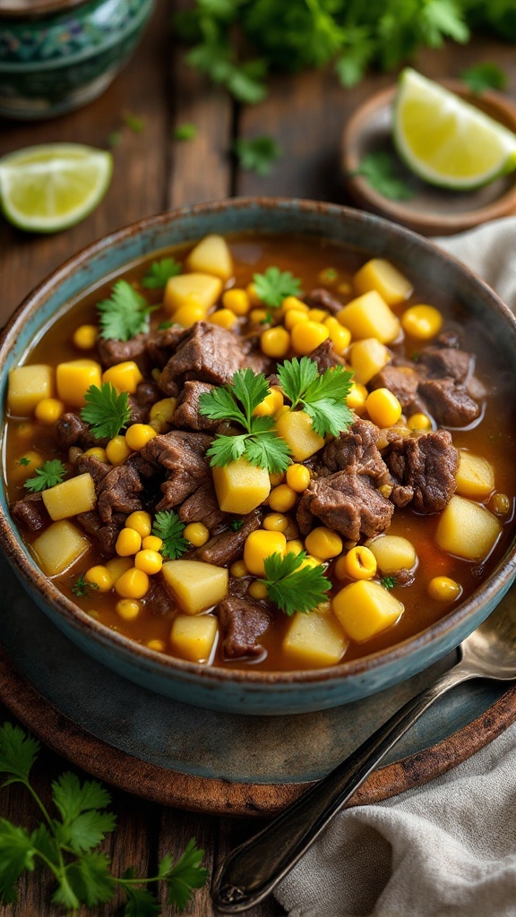 Colombian Style Beef Tripe Soup Recipe A bowl of Colombian beef tripe soup with tripe, potatoes, and corn, garnished with cilantro and lime.