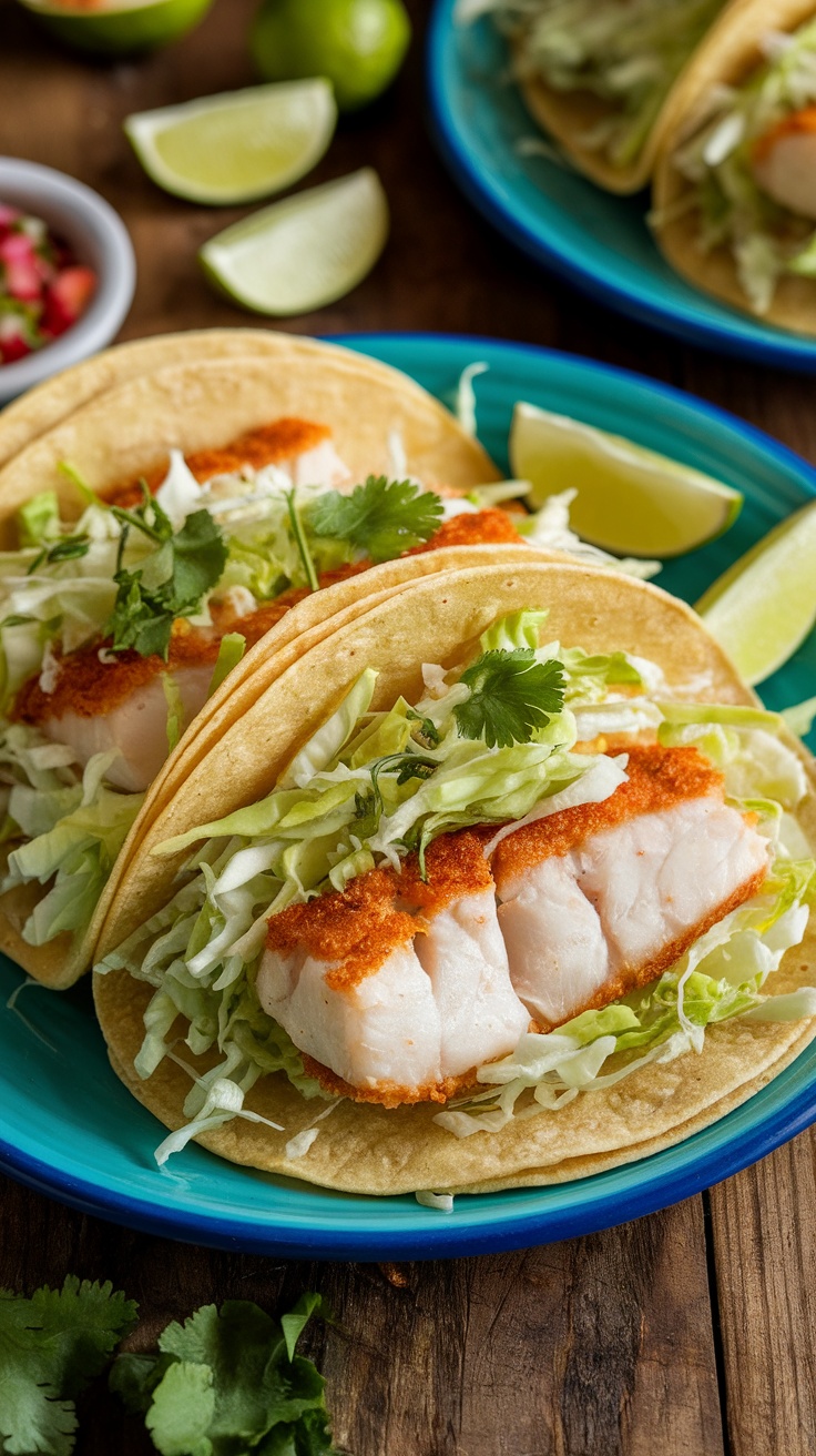 Crispy Baked Fish Tacos With Cilantro Lime Slaw Crispy fish tacos with golden cod fillets and cilantro lime slaw on a rustic wooden table.