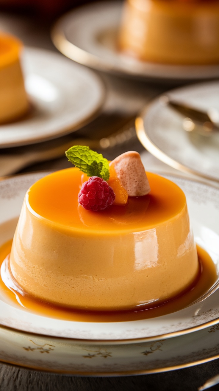 Creamy Flan Aux Oeufs Recipe A creamy flan aux oeufs with a shiny caramel layer, garnished with fresh fruit, on a rustic wooden table.