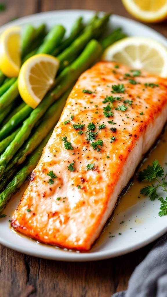 Garlic Butter Baked Salmon with Asparagus Garlic butter baked salmon fillet with asparagus and lemon wedges on a rustic wooden table.