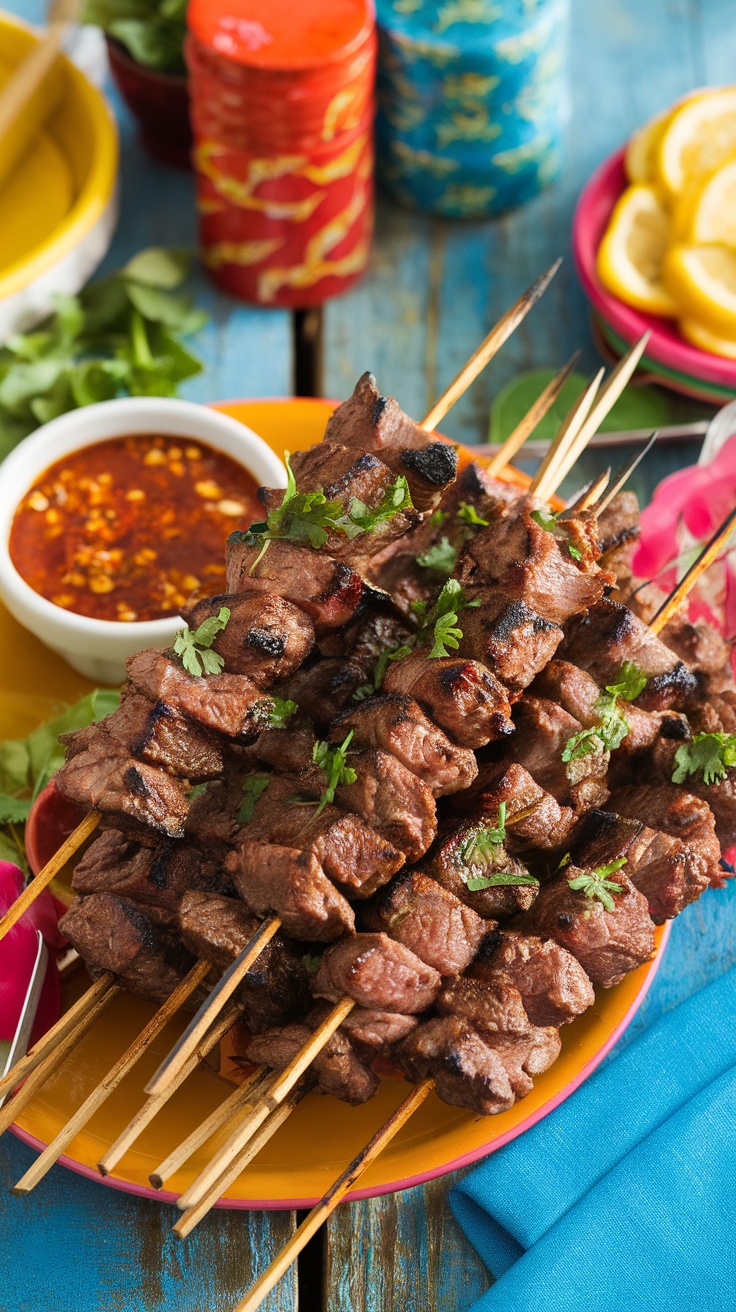 Grilled Peruvian Anticuchos with Spicy Sauce A close-up of grilled anticuchos skewers on a platter, garnished with herbs and served with chili sauce.
