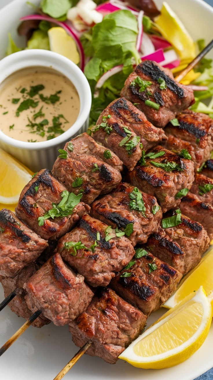 Grilled Beef Kafta Kabobs Recipe Grilled beef kafta kabobs plated with herbs and lemon, served with garlic sauce and salad.
