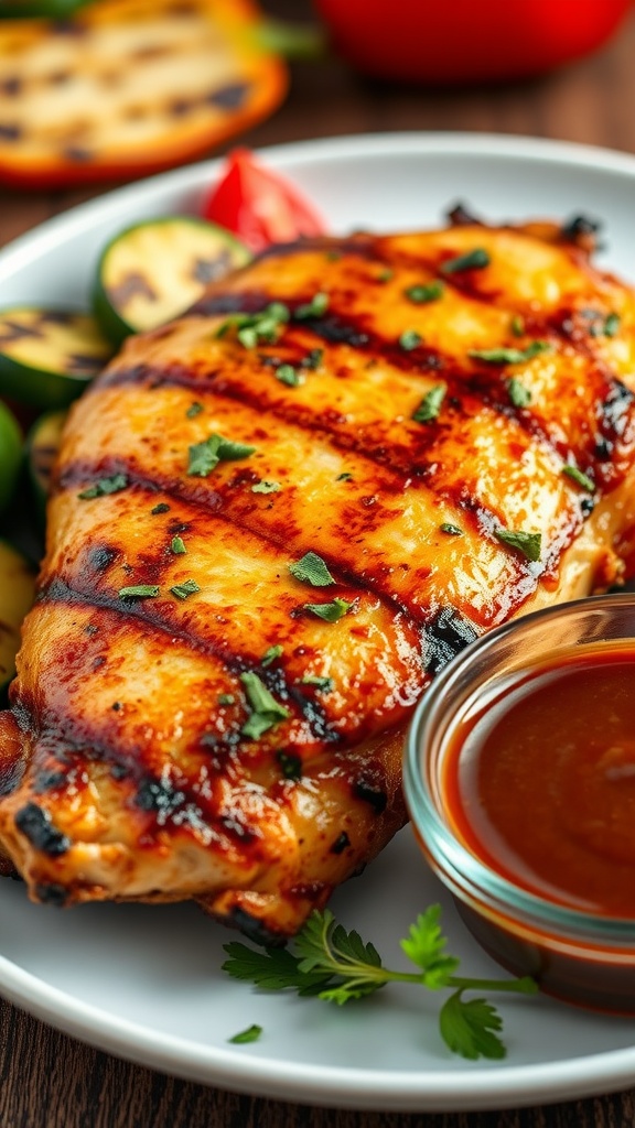 Flavorful Grilled Chicken: Pollo A La BBQ Style Grilled chicken breast plated with vibrant grilled vegetables and barbecue sauce, garnished with fresh herbs.