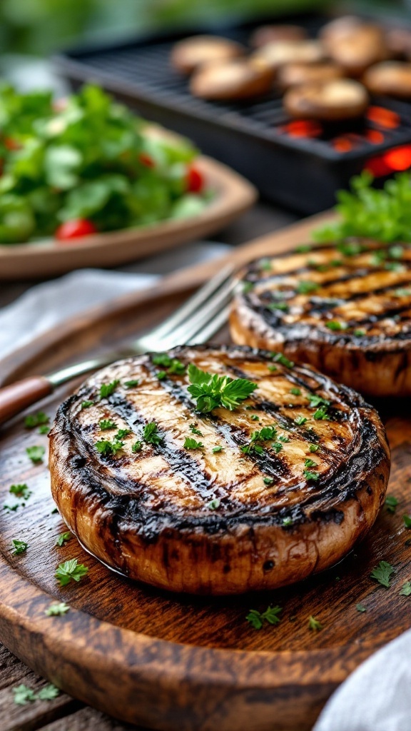 Savory Grilled Portobello Mushroom Caps Recipe Grilled portobello mushroom cap on a wooden platter, garnished with herbs, with a grill in the background.