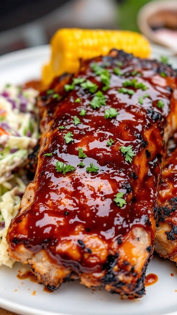 Juicy Grilled Ribs with a Tangy BBQ Glaze Grilled ribs coated in BBQ sauce on a plate with coleslaw and corn, showcasing a summer barbecue setting.
