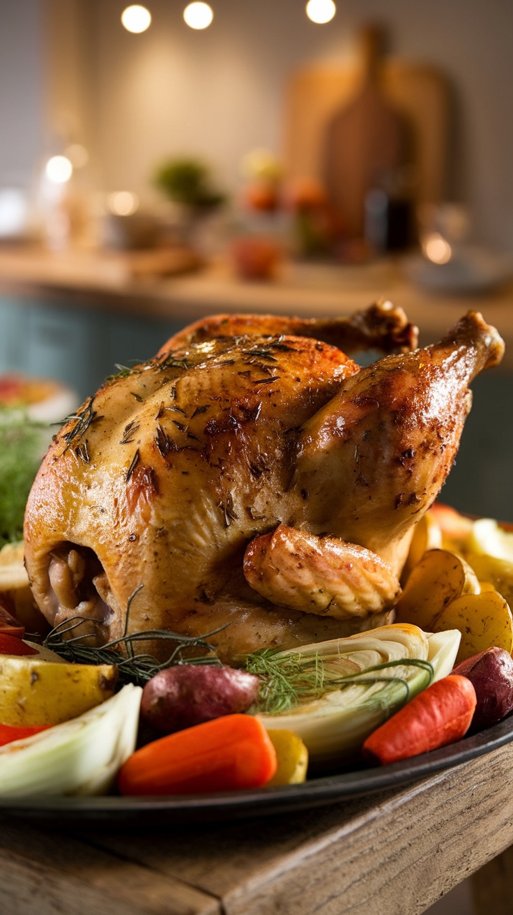 Herb-Infused Roast Chicken with Seasonal Vegetables A beautifully roasted whole chicken with golden skin, served with colorful roasted potatoes, carrots, and fennel on a rustic table.
