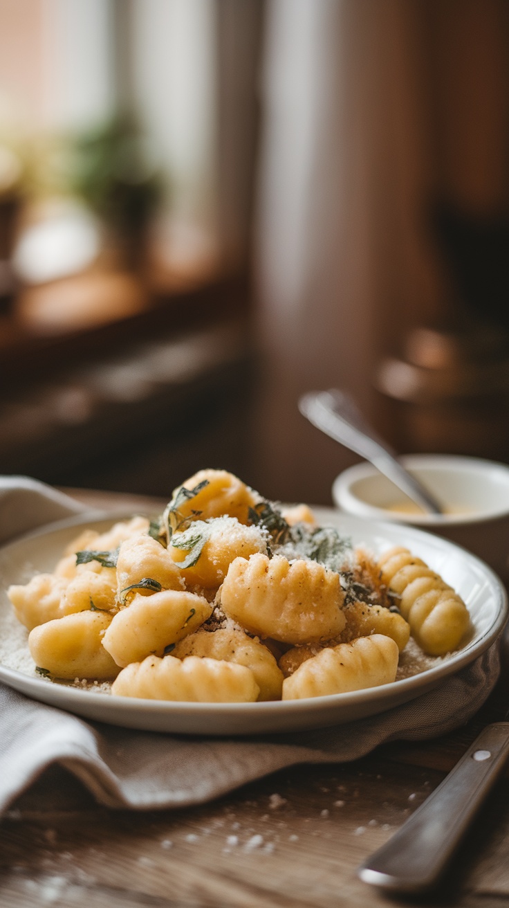 Easy Homemade Gnocchi Recipe A plate of homemade gnocchi in sage butter sauce with Parmesan, garnished with herbs.