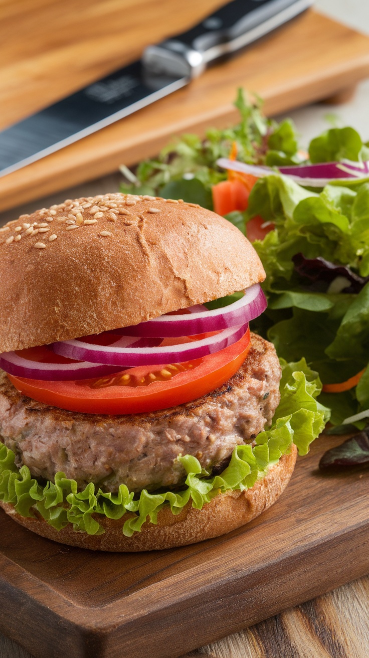 Juicy Oven-Baked Turkey Burgers Recipe Oven-baked turkey burger on a whole wheat bun with lettuce, tomato, red onion, and a side of easy green salad.