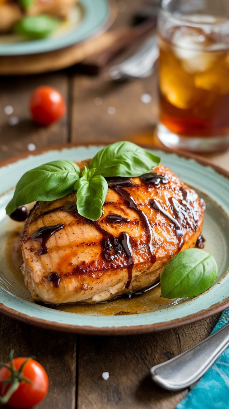 Honey Balsamic Glazed Chicken Breast Recipe Honey Balsamic Glazed Chicken Breast garnished with basil leaves on a rustic plate, with cherry tomatoes in the background.