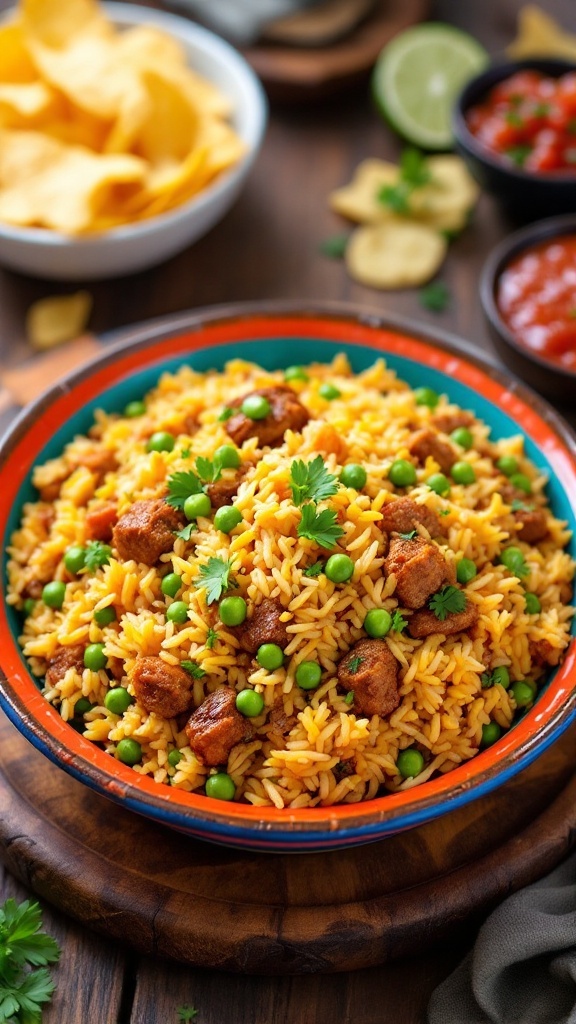 Savory Imperial Rice: A Cuban Recipe Delight A bowl of Imperial Rice with meats and green peas, garnished with parsley, on a rustic wooden table.
