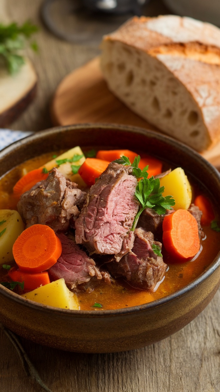 Savory Slow Cooker Lamb Stew Recipe A hearty lamb stew with carrots and potatoes in a rustic bowl, garnished with parsley and served with bread.