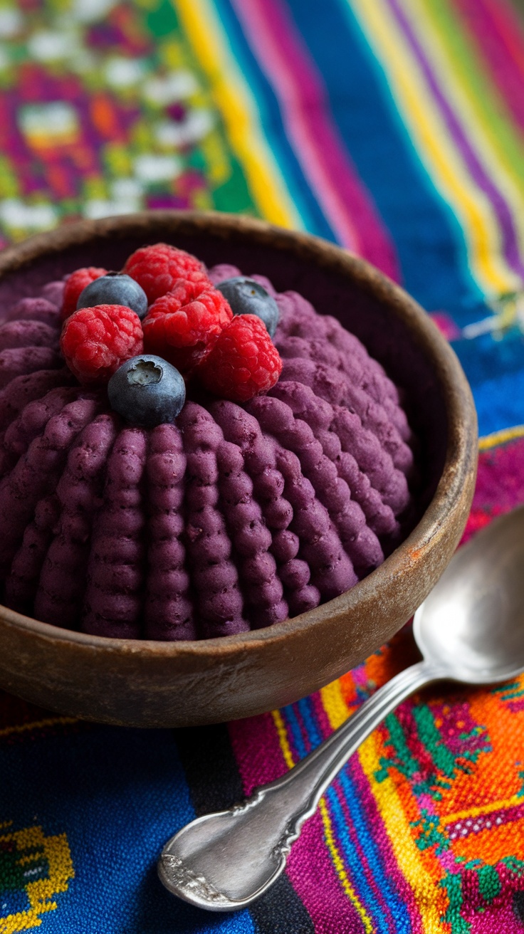Traditional Peruvian Mazamorra Morada Recipe A bowl of Mazamorra Morada, a purple corn dessert, garnished with fresh berries on a colorful table.