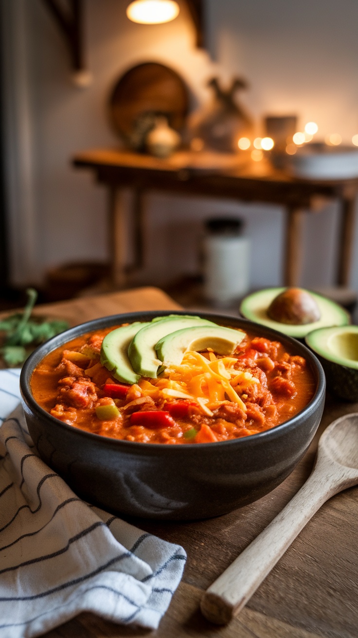 Hearty Ground Turkey Chili Without Beans A delicious bowl of ground turkey chili without beans, garnished with cheese and avocado, in a warm kitchen setting.