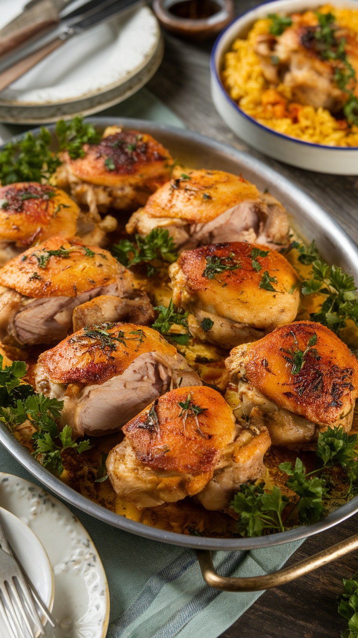 Golden brown baked chicken thighs served with baked chicken and rice on a rustic wooden table.
