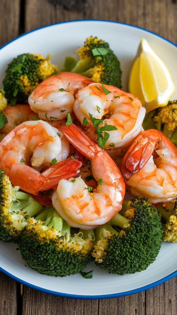 Garlic Butter Shrimp and Broccoli Skillet A skillet filled with Garlic Butter Shrimp and Broccoli, showcasing shrimp and broccoli in a garlic butter sauce, garnished with parsley and lemon.