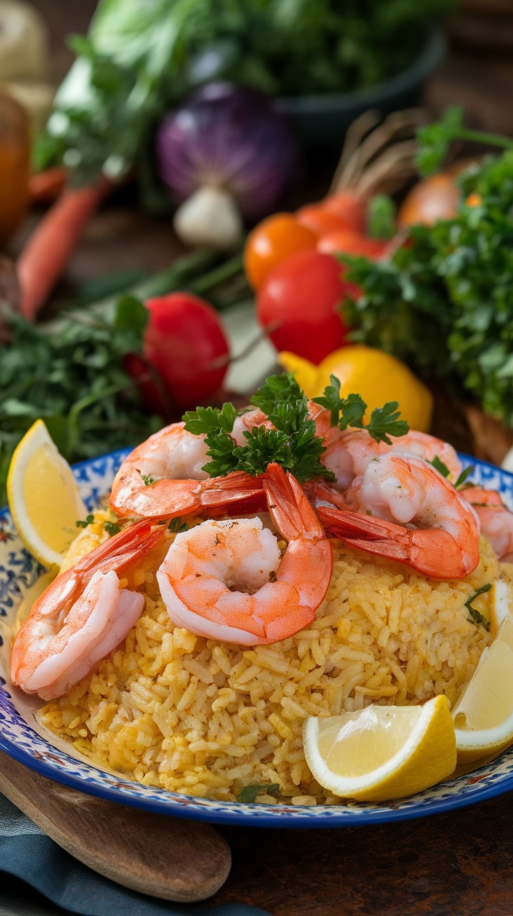 Savory Shrimp and Rice Delight A delicious plate of shrimp mixed with golden rice, garnished with parsley and lemon, perfect for a hearty meal.