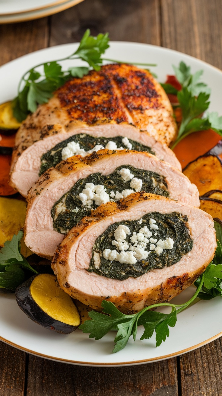 Savory Spinach and Feta Stuffed Chicken Breast Recipe Spinach and Feta Stuffed Chicken breast, sliced to show filling, garnished with parsley, served with roasted vegetables.