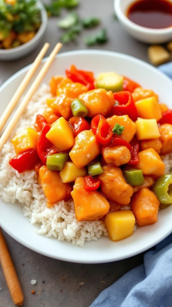 Easy Sweet and Sour Chicken Recipe A colorful plate of Sweet and Sour Chicken with bell peppers and pineapple, served over rice, with chopsticks and sauce in the background.
