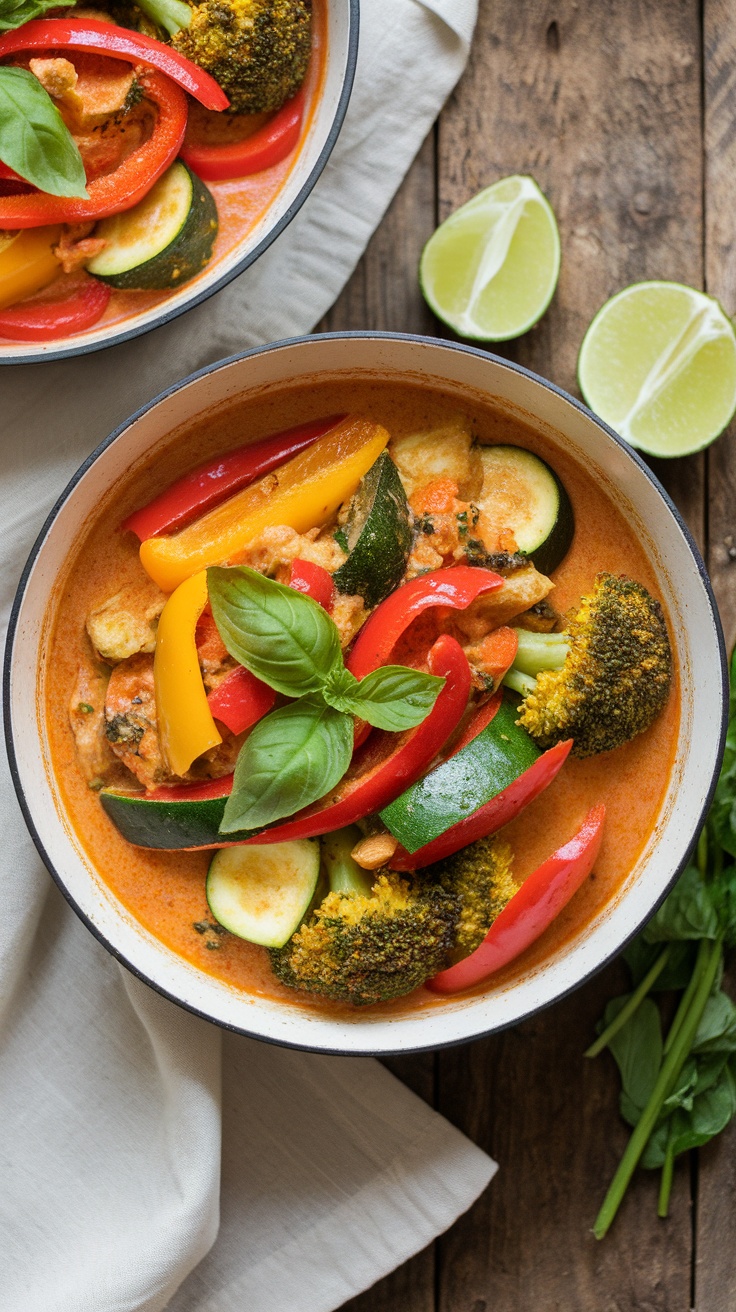 A colorful and aromatic bowl of Vegan Thai Red Curry with assorted vegetables and fresh basil garnish.