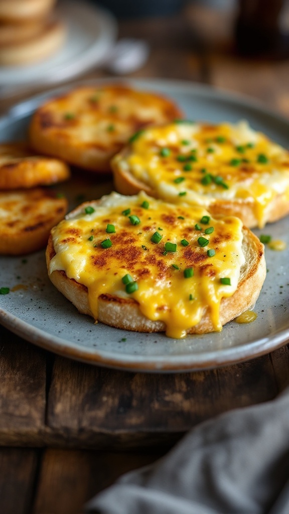 Classic Welsh Rarebit: A Traditional Delight Welsh Rarebit on toasted bread topped with melted cheese and chives, served with Welsh cakes.