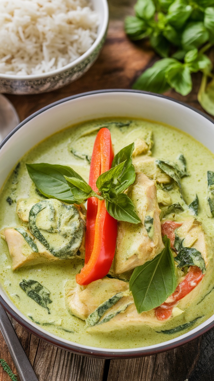 Savory Thai Green Chicken Curry Recipe A bowl of Thai green chicken curry with basil and bell pepper, served with jasmine rice on a wooden table.