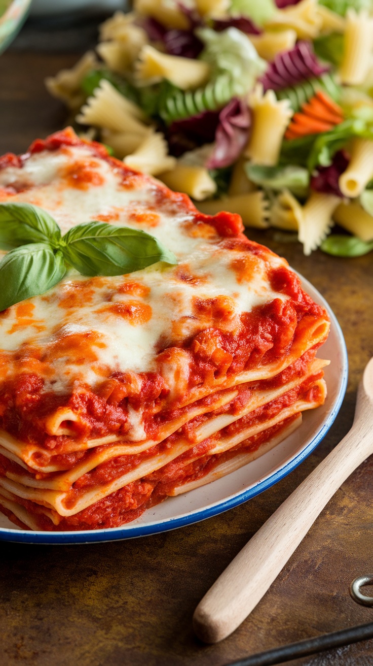 Killer Baked Ziti Recipe A hearty serving of baked ziti with marinara sauce and melted cheese, garnished with basil and a side of salad pasta.