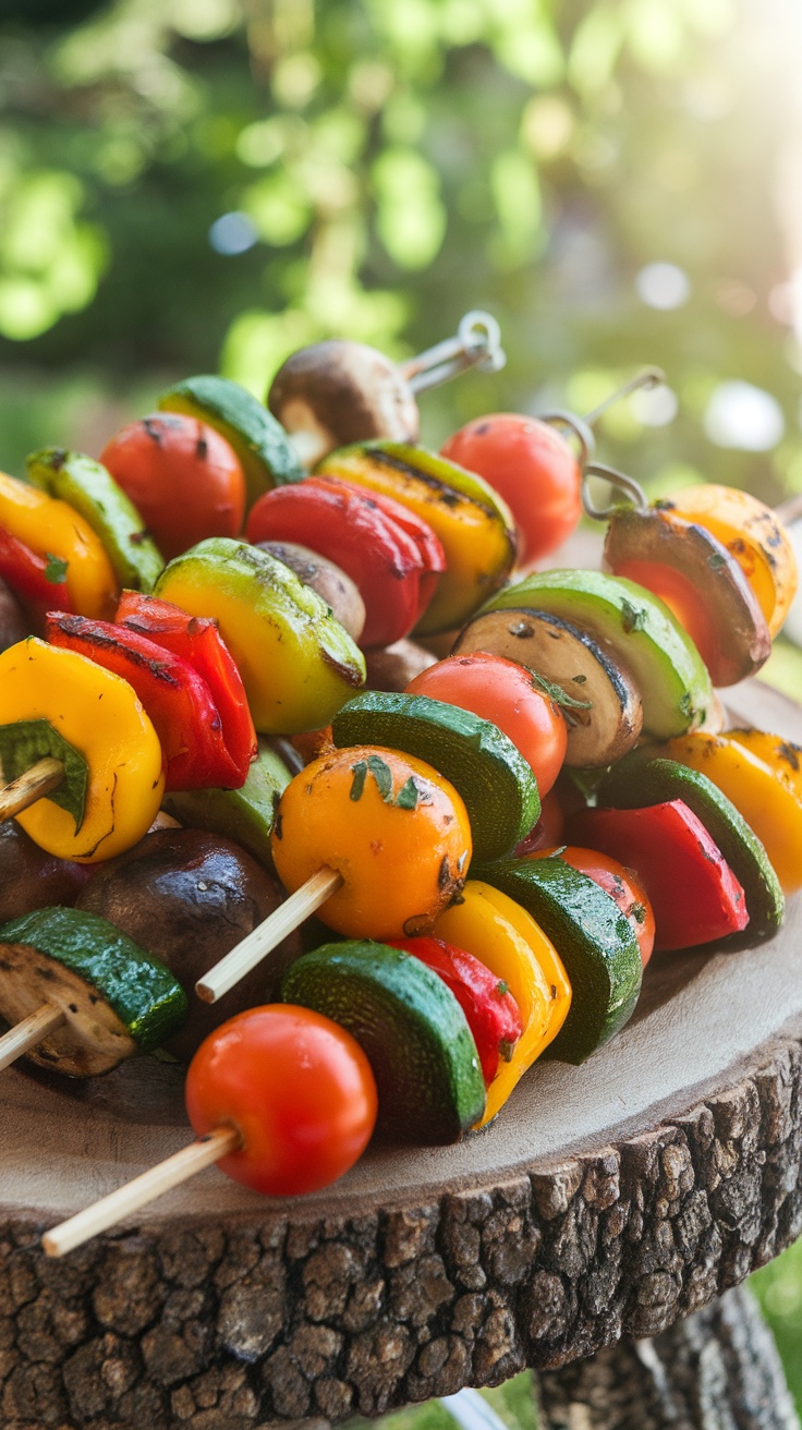 Colorful grilled vegetable skewers on a wooden platter, featuring bell peppers, zucchini, cherry tomatoes, and mushrooms.