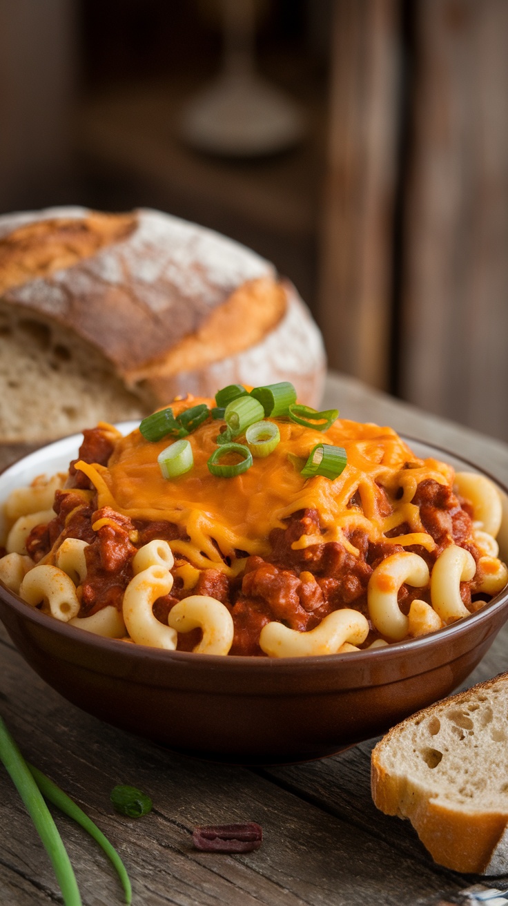 Hearty Beef Chili Mac Casserole Recipe A comforting serving of beef chili mac with melted cheese and green onions, in a rustic bowl.