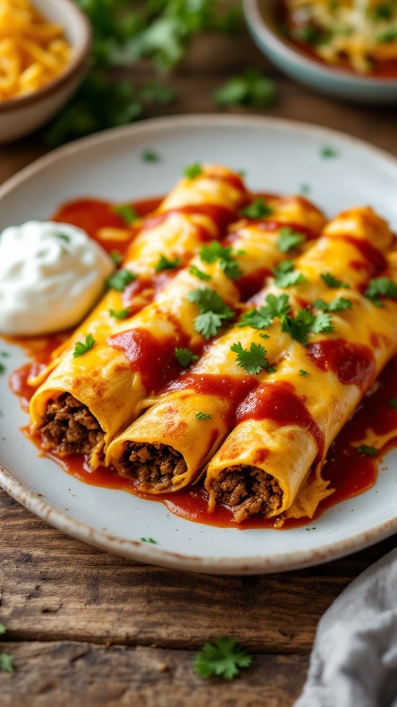 Cheesy Beef Enchiladas Recipe A platter of cheesy beef enchiladas topped with red sauce and cheese, garnished with cilantro and served with sour cream.