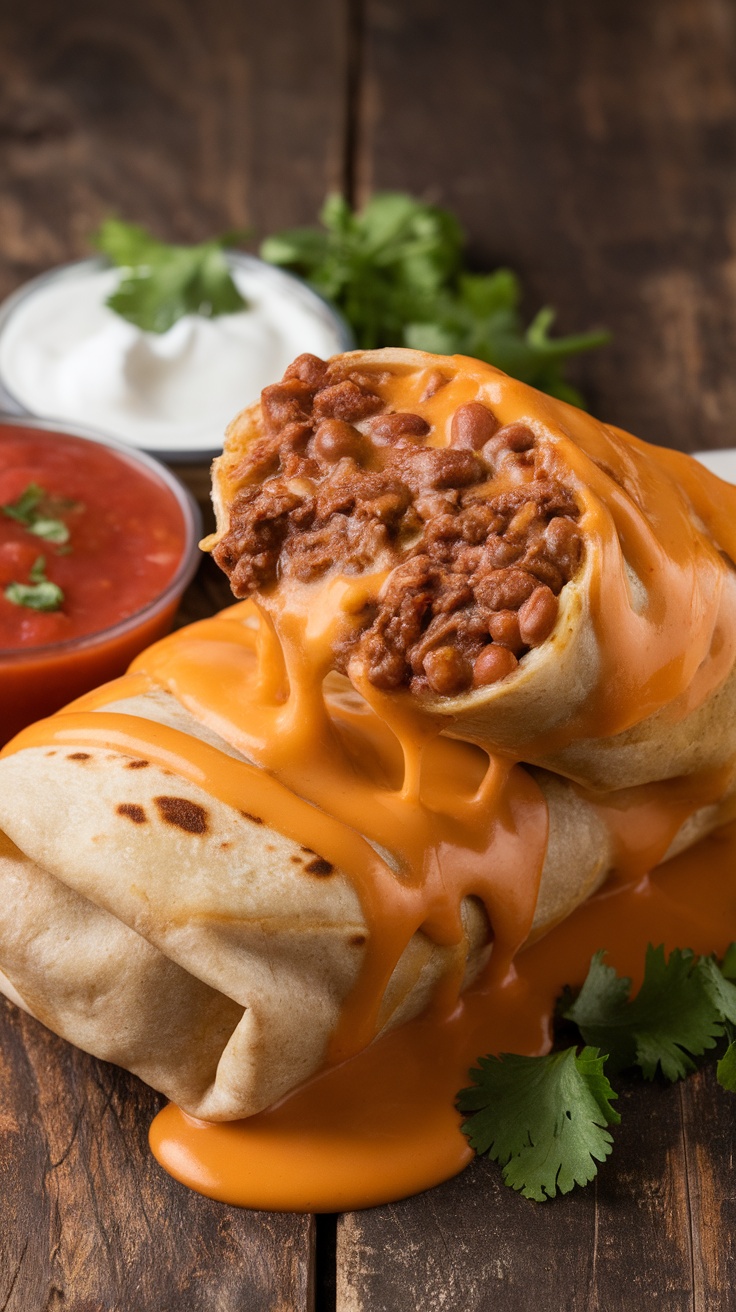Cheesy Beefy Melt Burritos Recipe A delicious cheesy beefy melt burrito with beef and beans, served with salsa and sour cream on a wooden table.