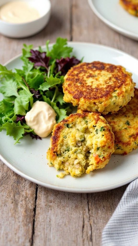 Traditional British Bubble and Squeak Recipe Crispy Bubble and Squeak cakes on a plate, garnished with greens and sauce, on a rustic table.