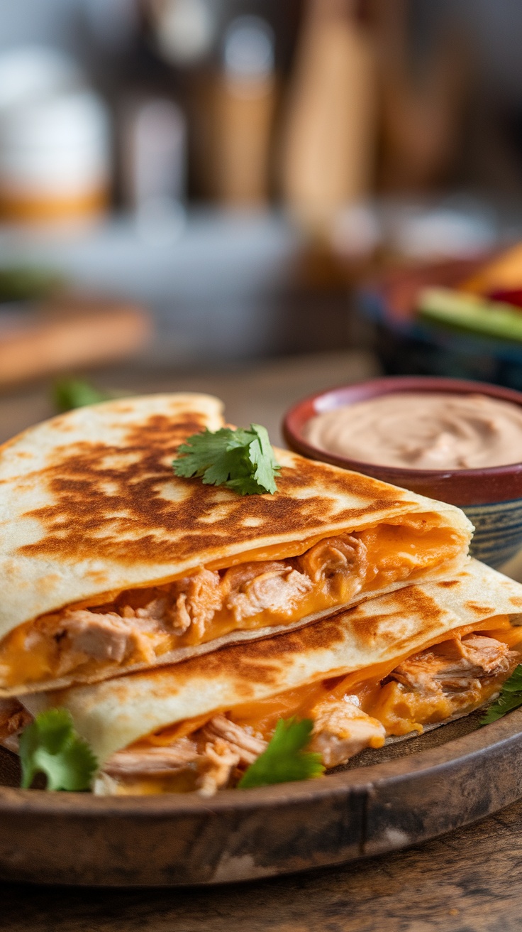 Taco Bell Copycat Chicken Quesadilla Recipe Crispy chicken quesadilla filled with cheese and served with Tacobell Quesadilla Sauce on a wooden plate.
