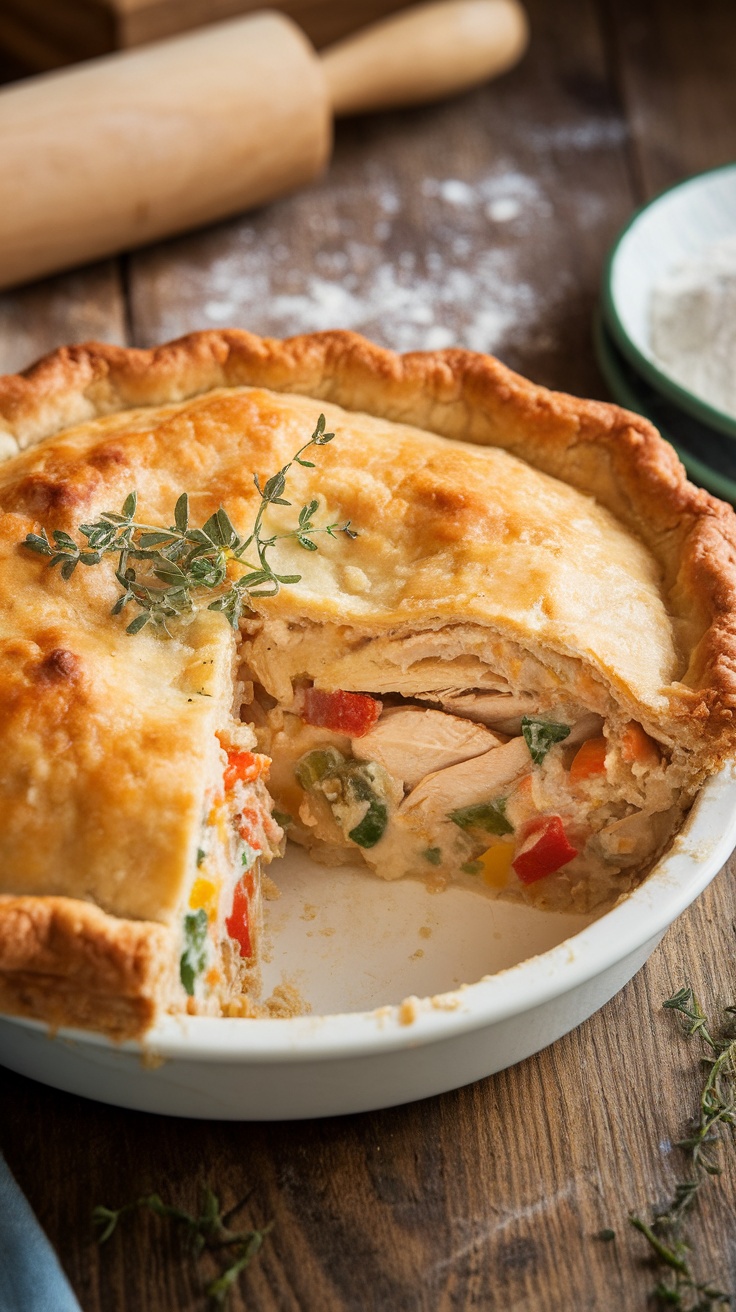 Southern Style Double Crust Chicken Pot Pie Recipe Golden brown double crust chicken pot pie with creamy filling and vegetables, served on a rustic table.