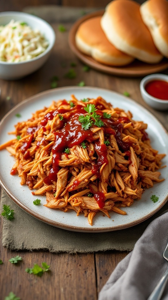 Slow Cooker BBQ Pulled Chicken Recipe A delicious plate of BBQ pulled chicken with buns and coleslaw on a rustic table.
