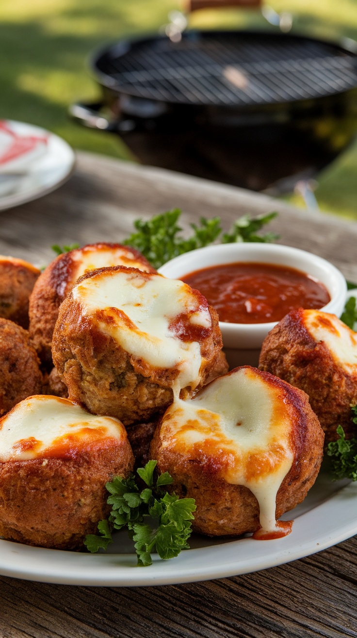 Savory Stuffed Meatballs Recipe Stuffed meatballs filled with mozzarella cheese, served with barbecue sauce on a rustic table.